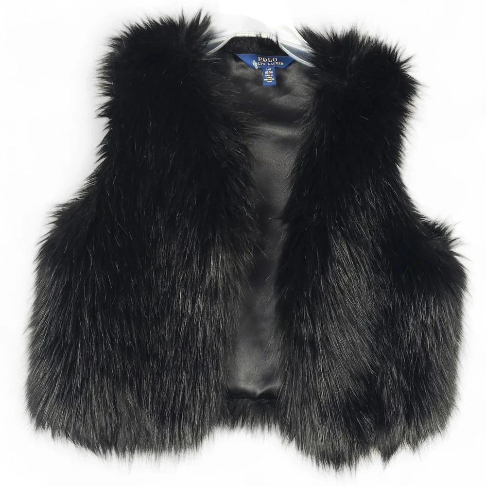 Polo Ralph Lauren Girls Black Faux Fur Vest Size L 12-14 Open Front Layering